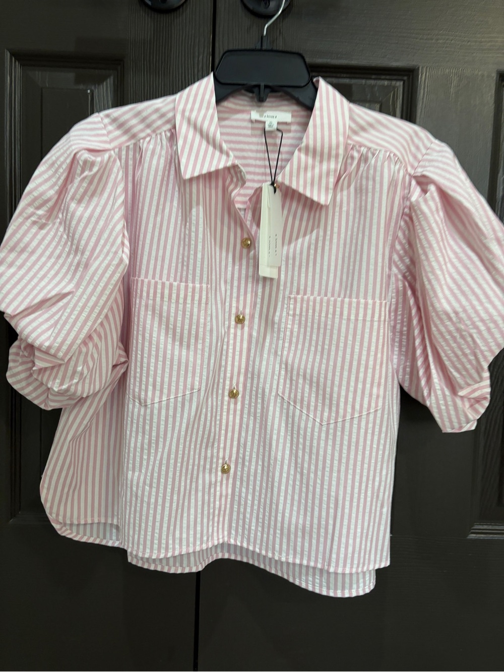 Pale Pink Striped Puff-Sleeve Button-Down Shirt - Size XL NWT